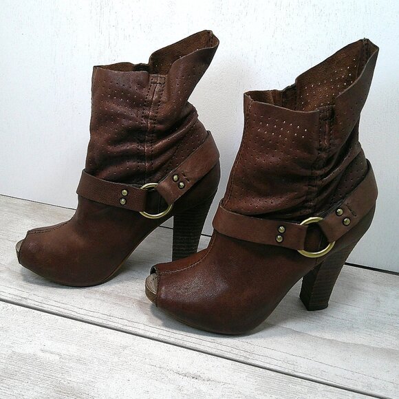 Apepazza Designer Leather Peep Toe Ankle high heeled Boots Conac Brown Size  7 - Picture 4 of 9